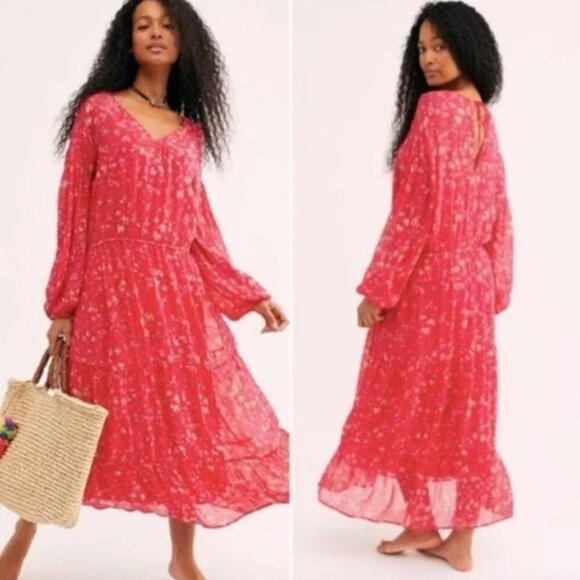 Free People Raspberry Pink Wallflower Midi Long Sleeve Dress M - Picture 1 of 6